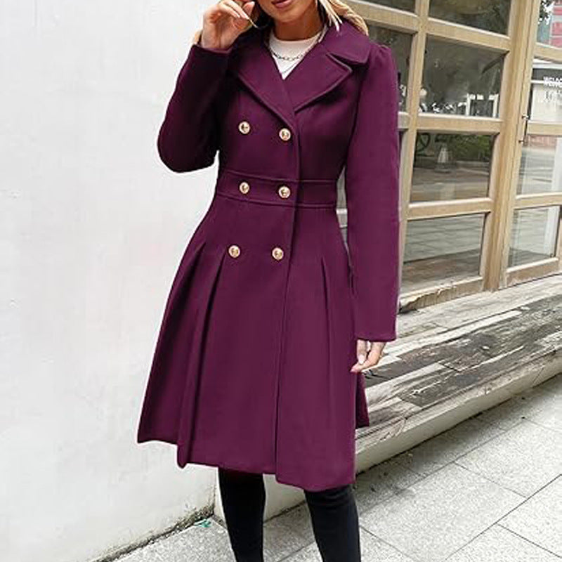 Women Fall and Winter Turndown Collar Double-Breasted Pocket Windbreaker 19