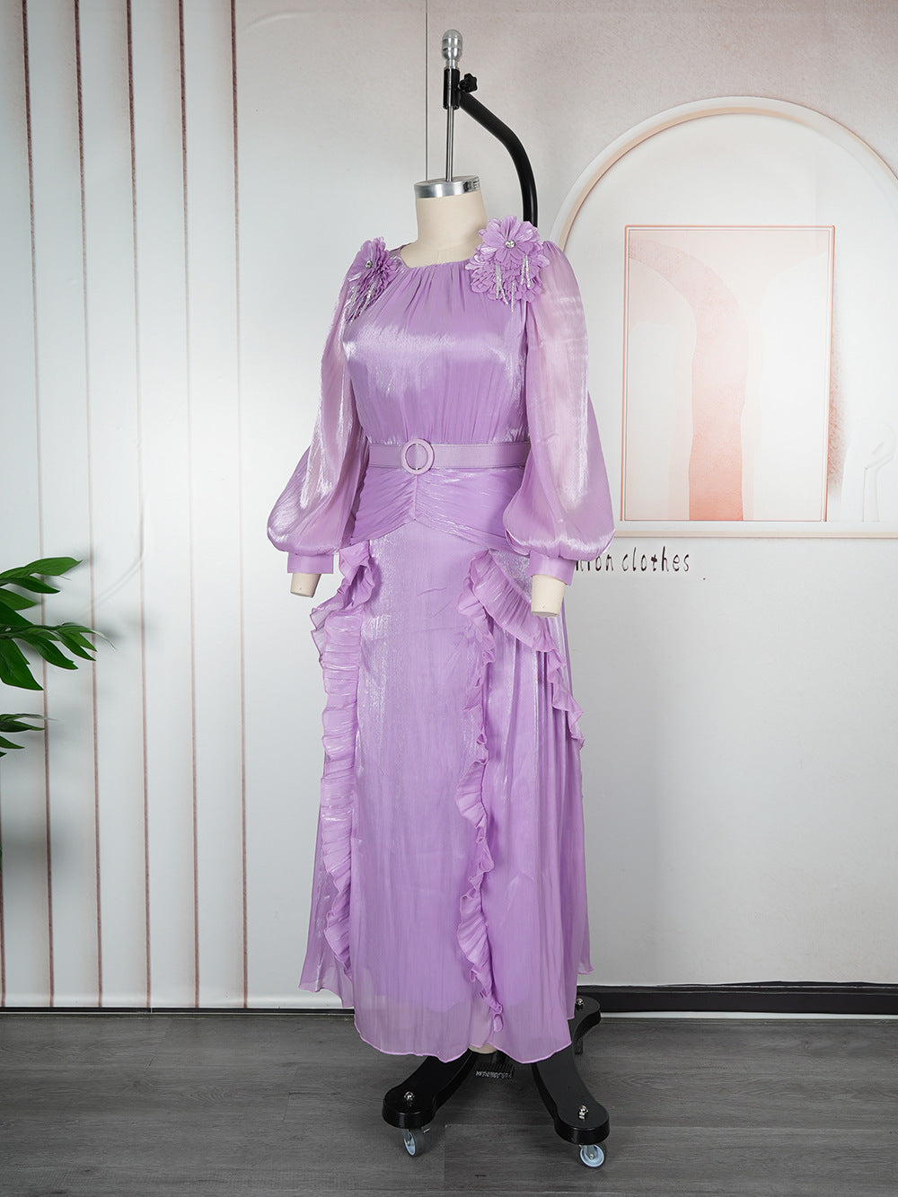 Plus Size African Women Floral Pleated Long-Sleeve Dress 18