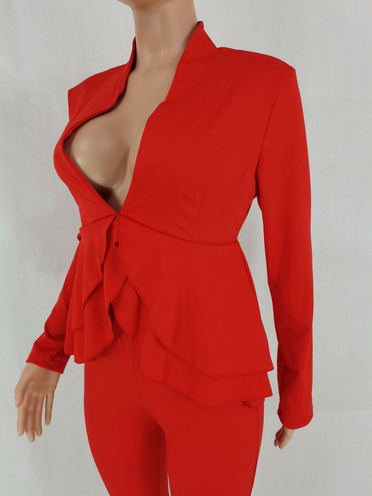 Women'S Solid Color Ruffled Deep V Top And Trousers Two-Piece Suit 8
