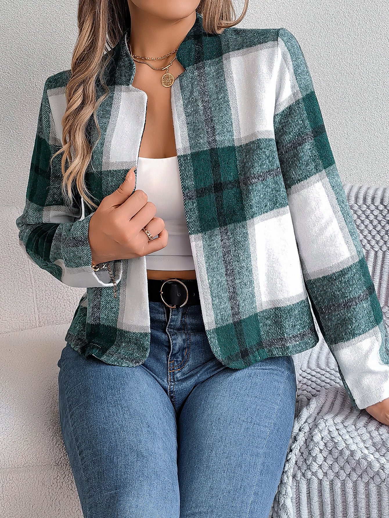 Autumn Winter Casual Plaid Long Sleeve Women Tweed Coat 7
