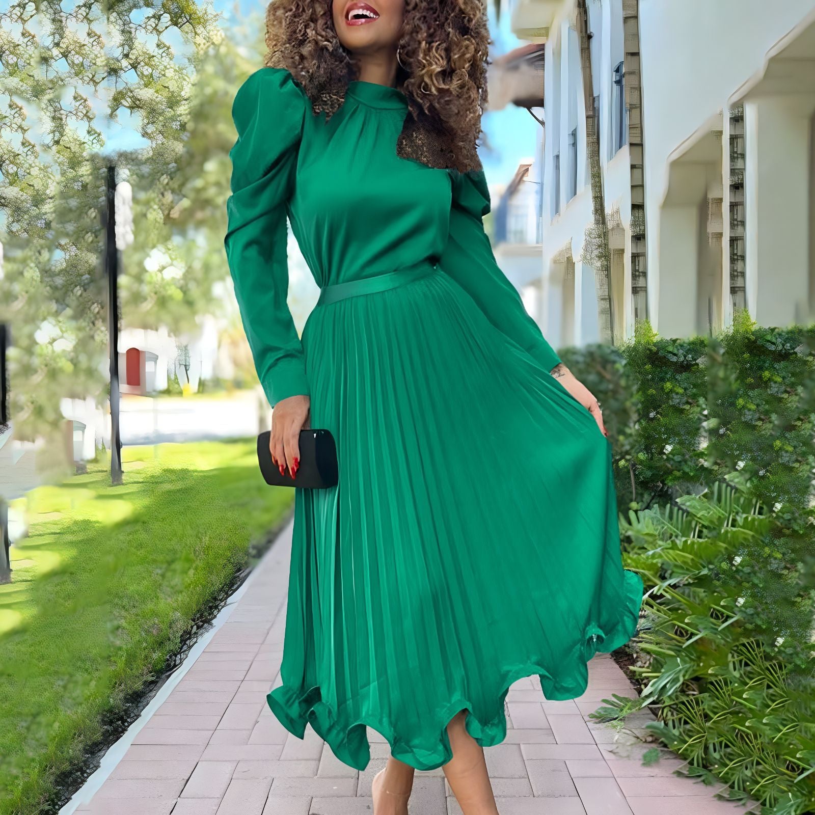 Women's Autumn Puff Sleeve Top Pleated Skirt Two Piece African Suit 13