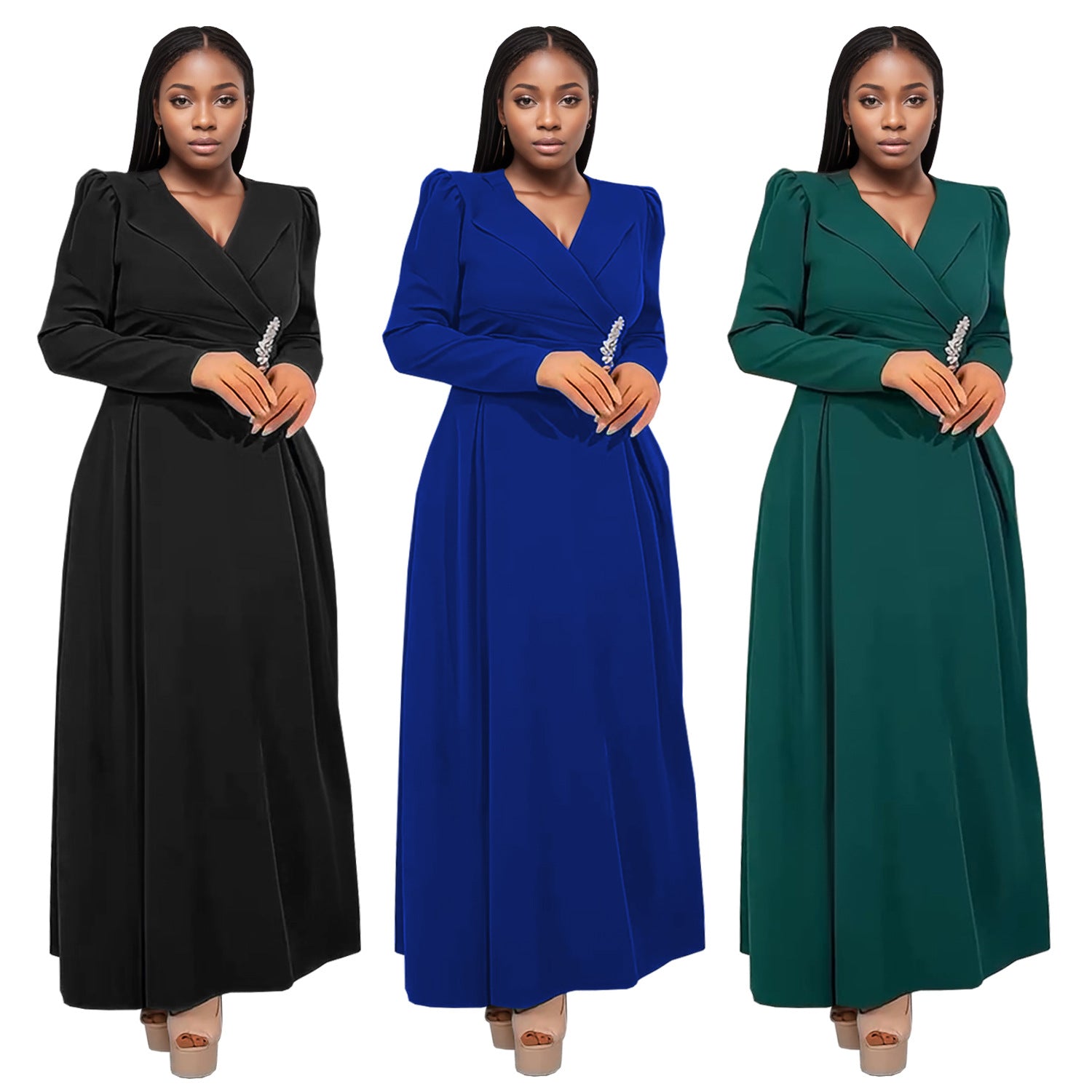 Women Cross Turndown Collar Long Sleeve Dress 11