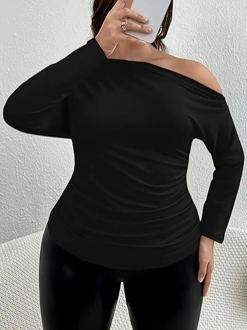 Plus Size Women T-Shirt Autumn Winter Fashion Slash Shoulder Chic Long Sleeve Top 6