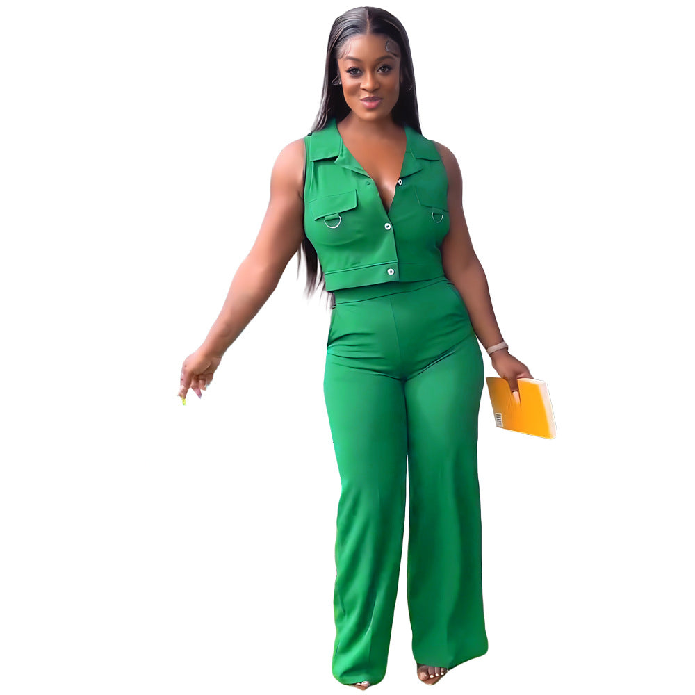 Solid turndown Collar Vest Casual High Waist Straight Leg Trousers Two-Piece Set 9