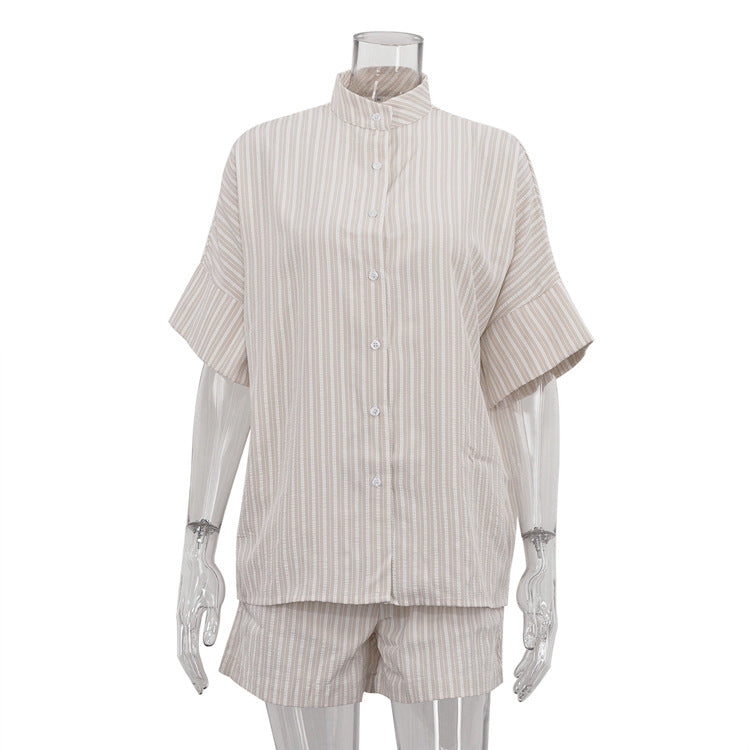 Stand Collar Short Sleeve Striped Shirt Loose Shorts Comfortable Casual Two-Piece Set 8
