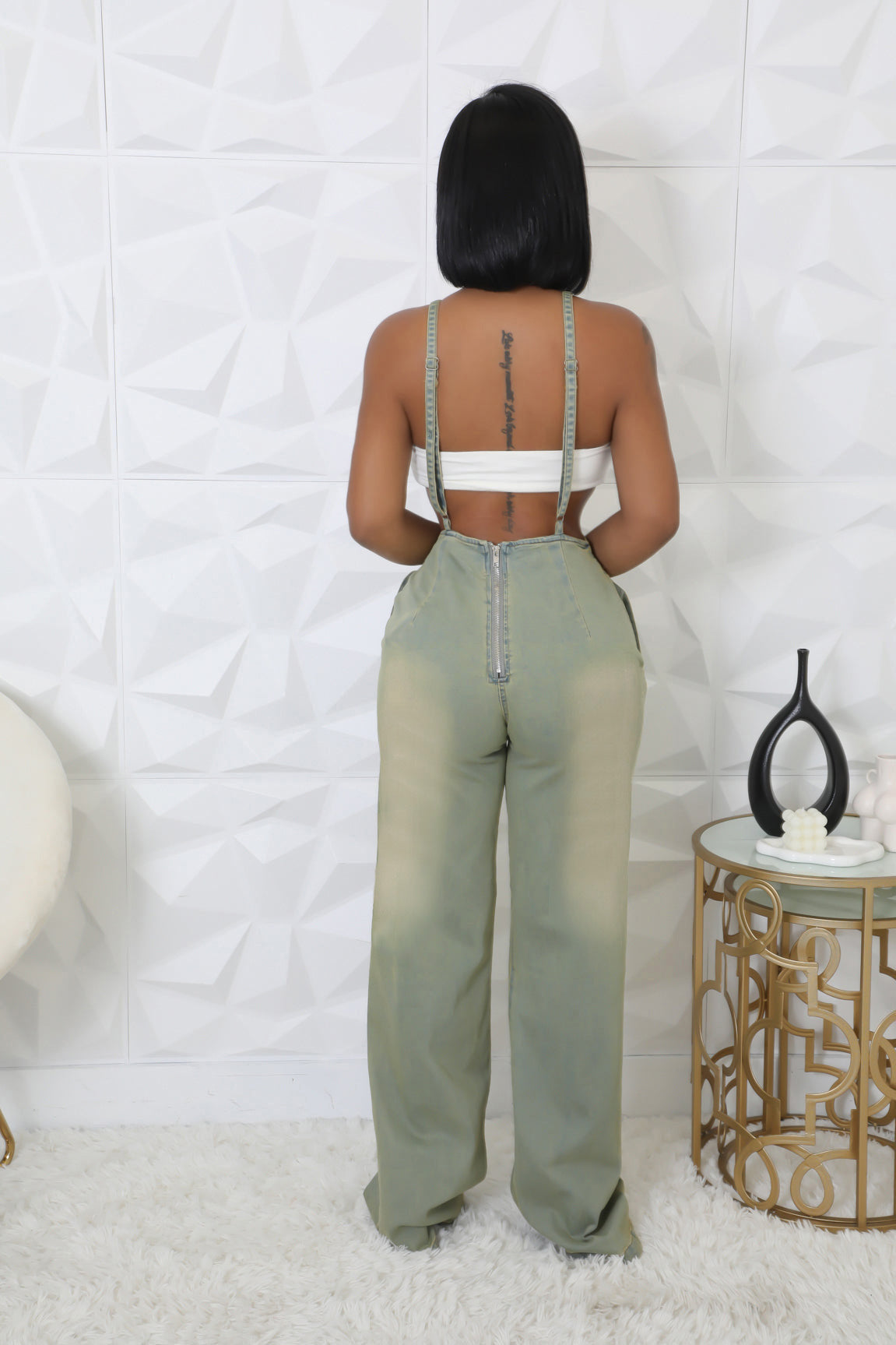 Women Stretchy Washed Denim Strapless Wide-Leg Jumpsuit 3