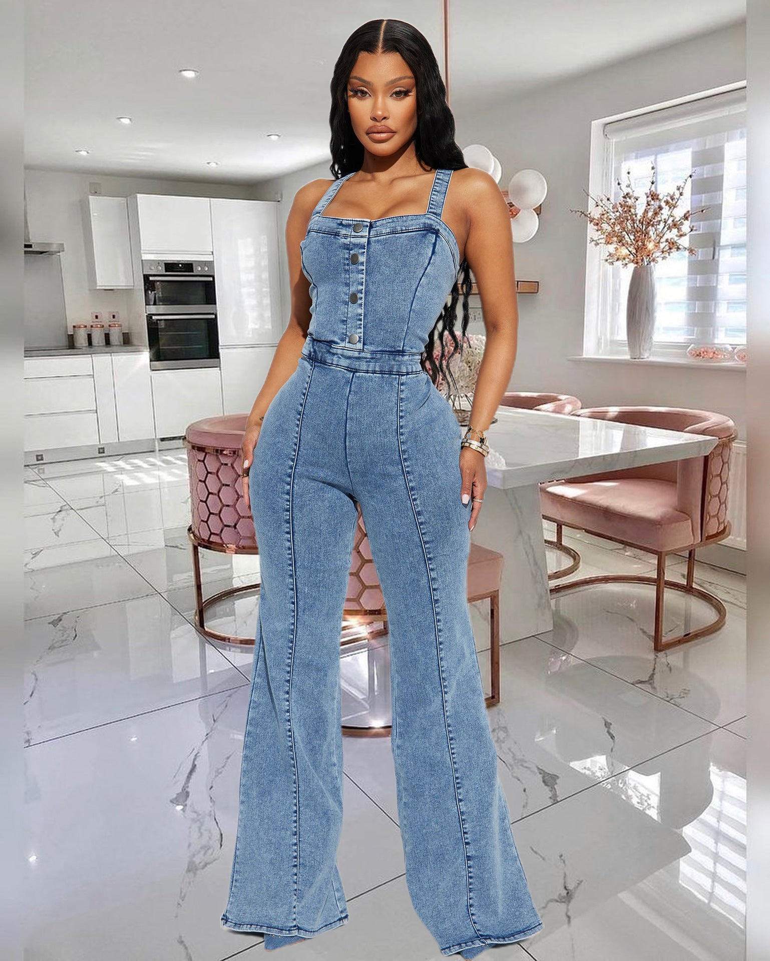 Women's Fashion Casual Sexy Suspenders Denim Jumpsuit Wide Leg Pants Bell Bottom Pants