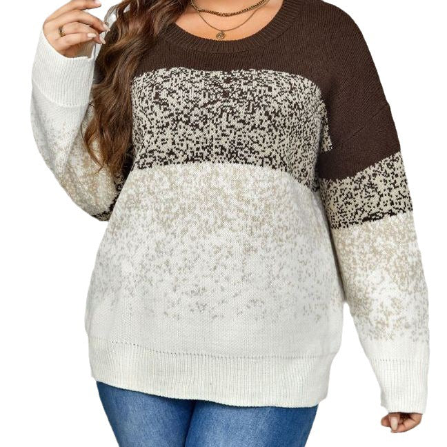 Plus Size Women Color Block Round Neck Long Sleeve Top 6