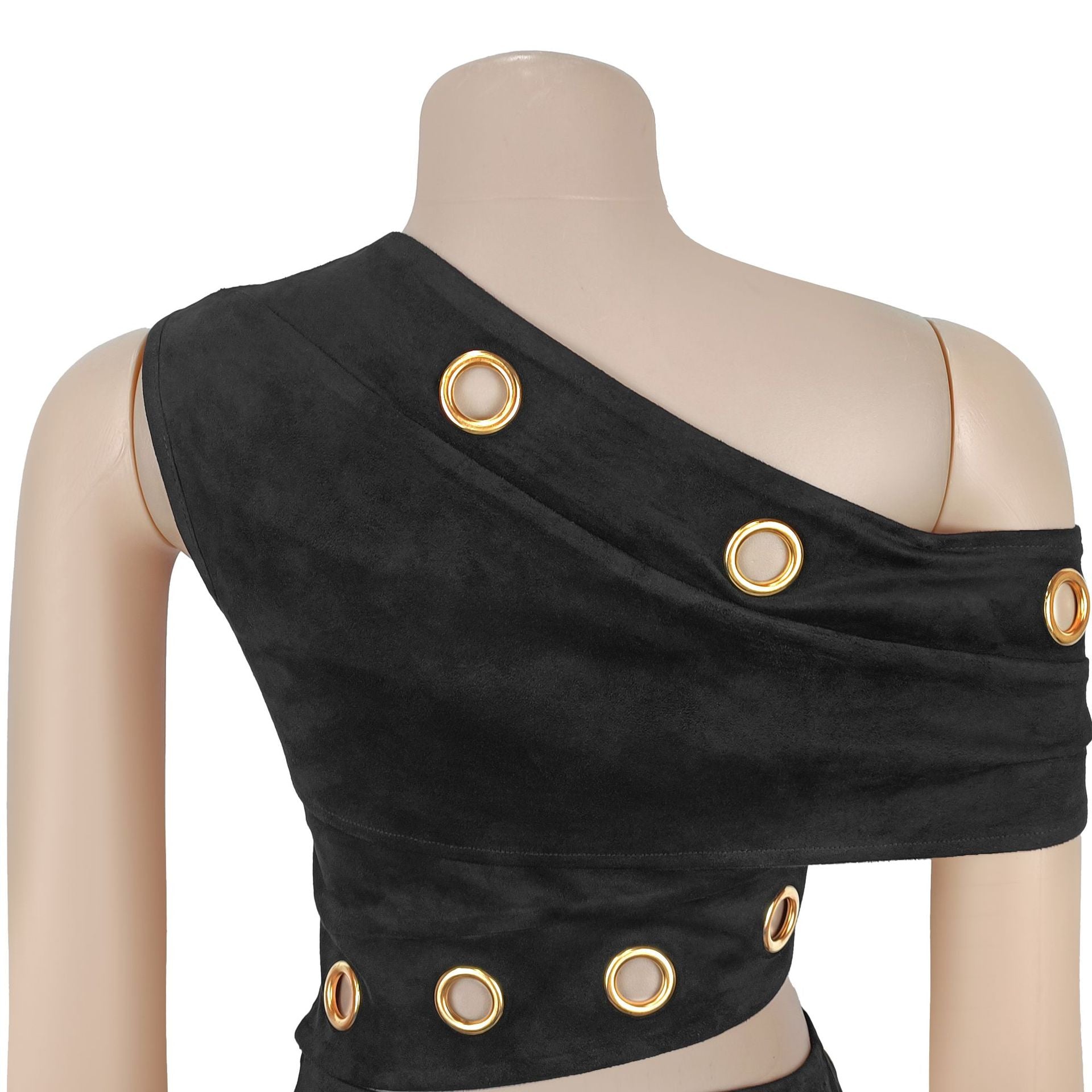 Fashion Women's Sexy Button Slash Shoulder Top Short Skirt Two-Piece Set 17