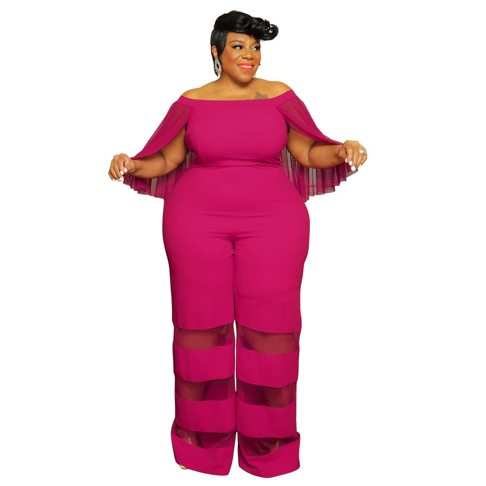 Women'S Off Shoulder Mesh Patchwork Sexy Casual Chic Plus Size Jumpsuit 15