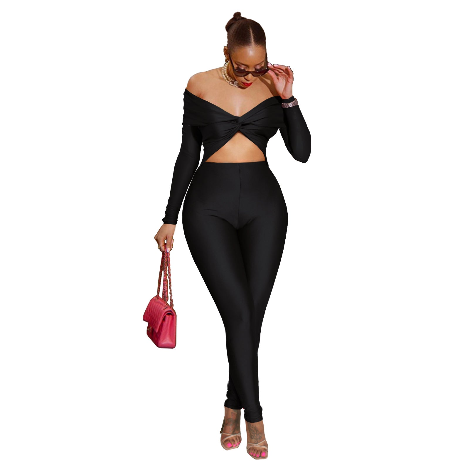 Women's off shoulder Knot Hollow Sexy High Waist Long Sleeve Jumpsuit 10