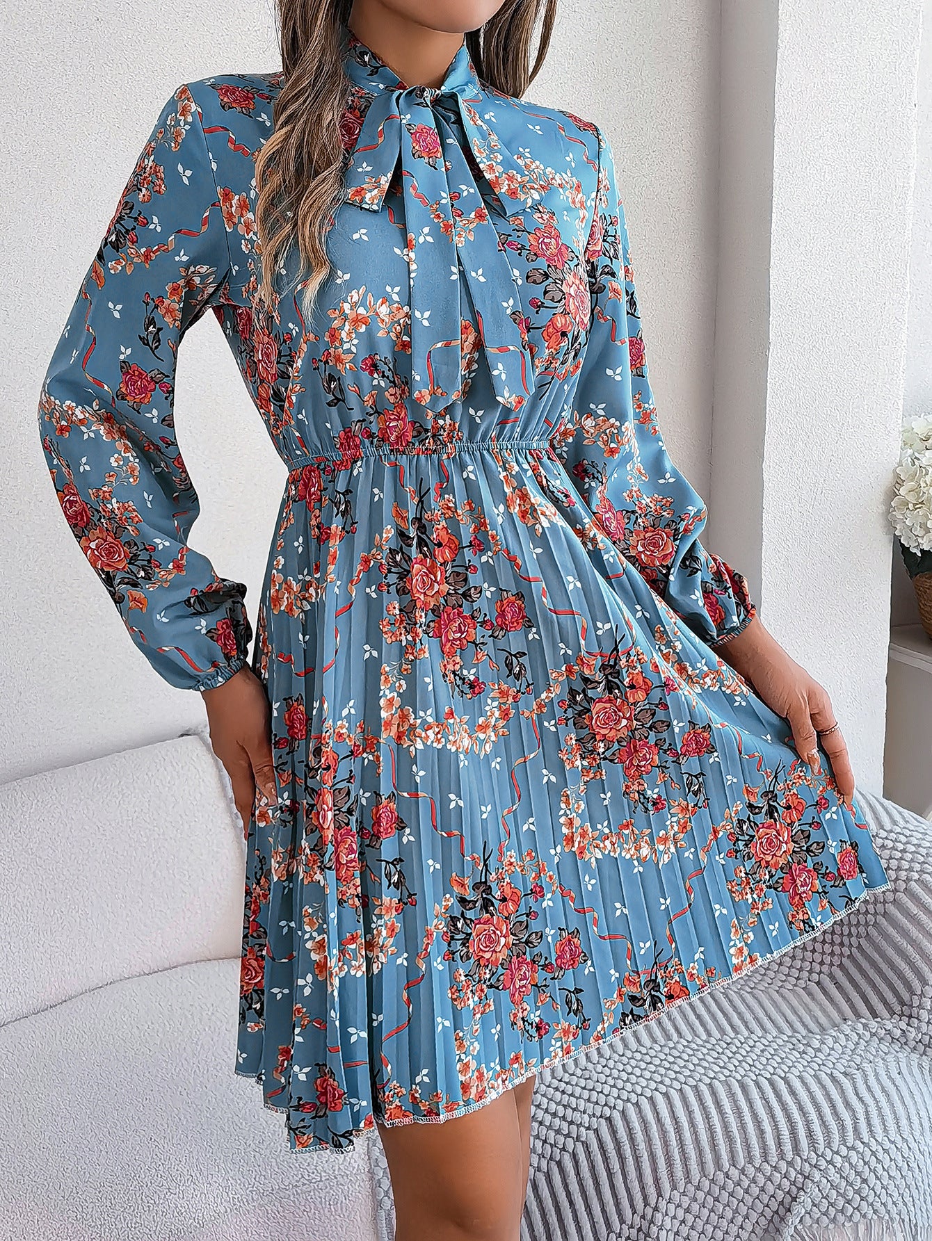 Autumn Winter Elegant Flower Tie Slim Waist Long Sleeve Women's Pleated Dress 5
