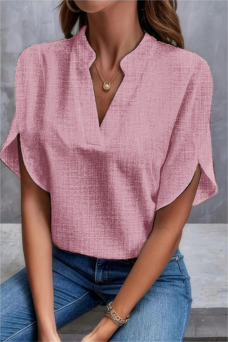 Women Summer Solid V-Neck Off-Shoulder Loose Shirt 6