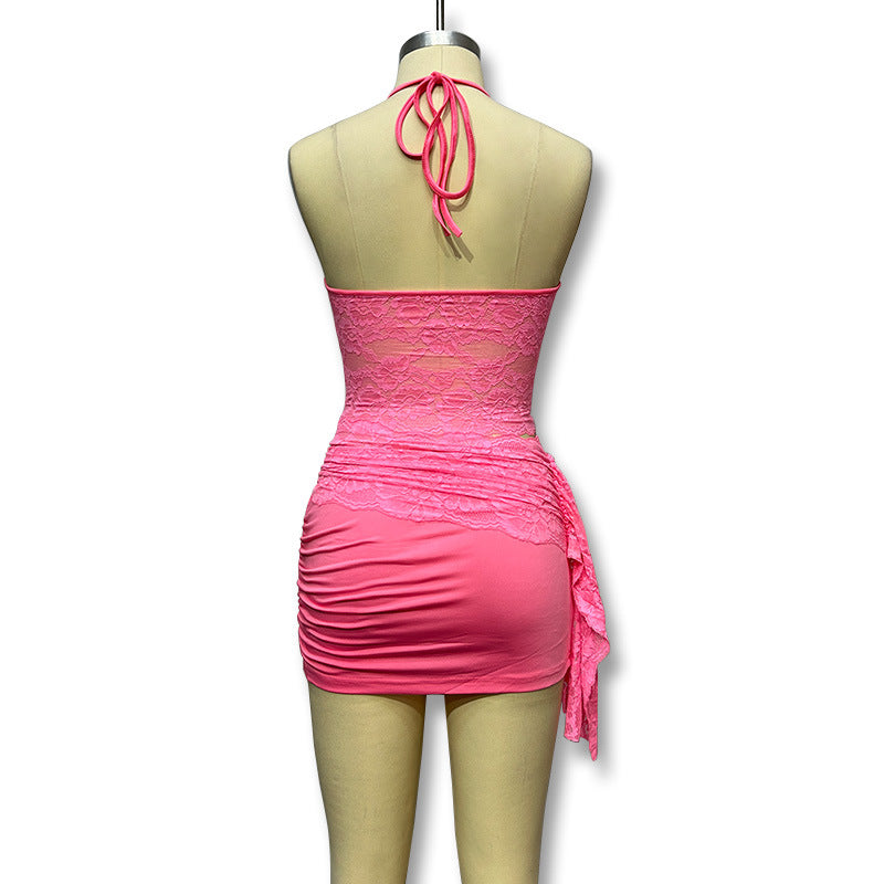 Sexy See-Through Camisole Hollow Lace Patchwork Bodycon Mini Skirt Women's Two Piece Set 17