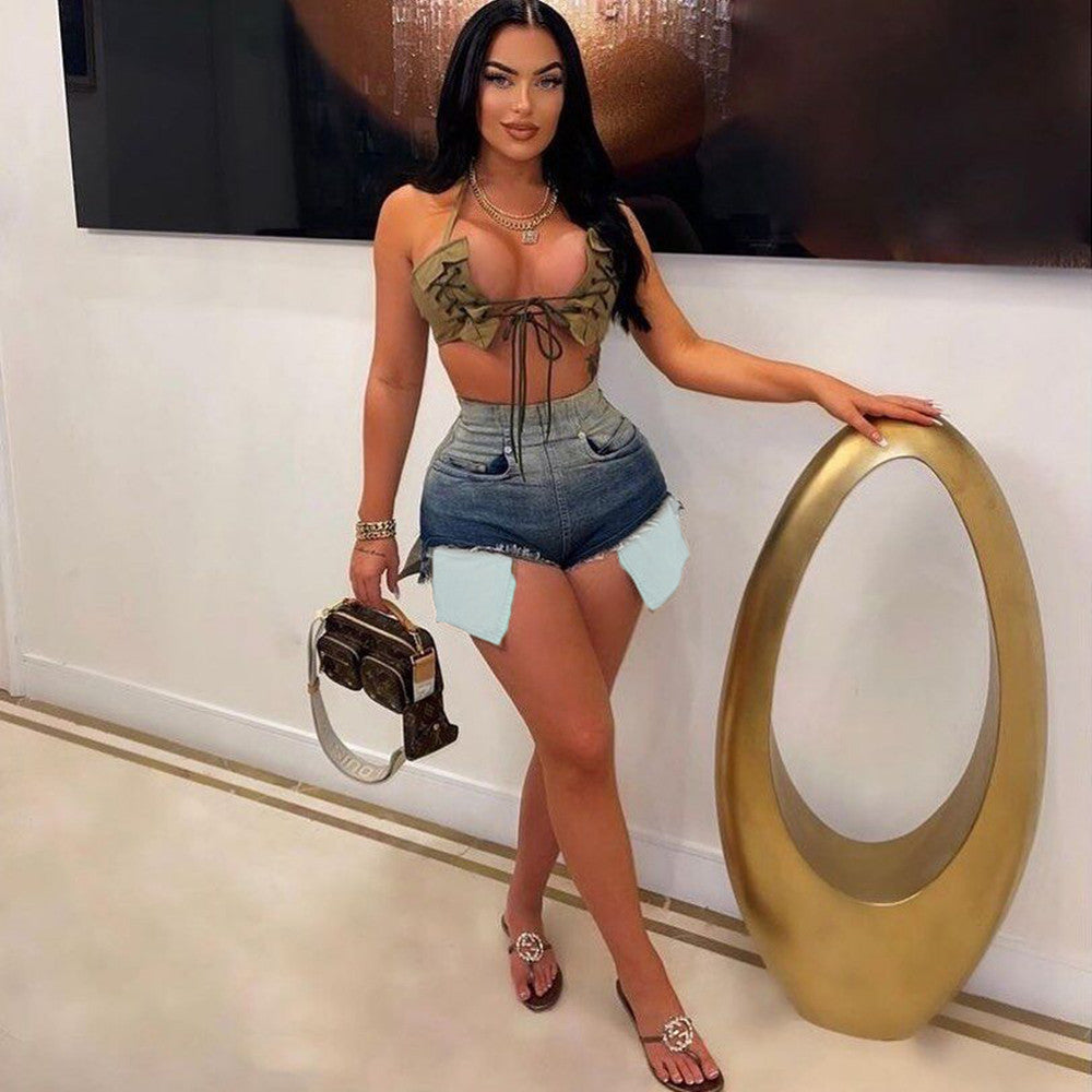 Women Fashion Pocket Ombre Denim Shorts 3