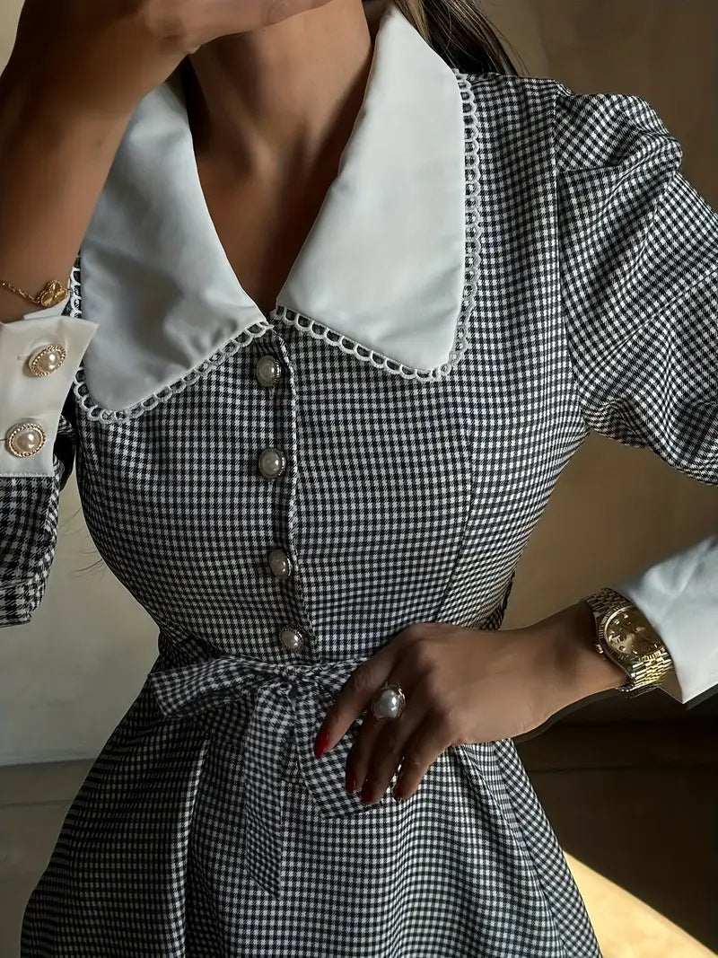 Women French Elegant Houndstooth Autumn Lace-Up Dress 6