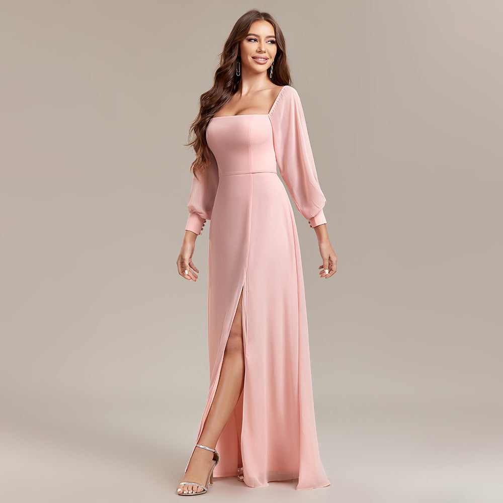 Women Elegant Strapless Long Sleeve Zip Slit Dress 12