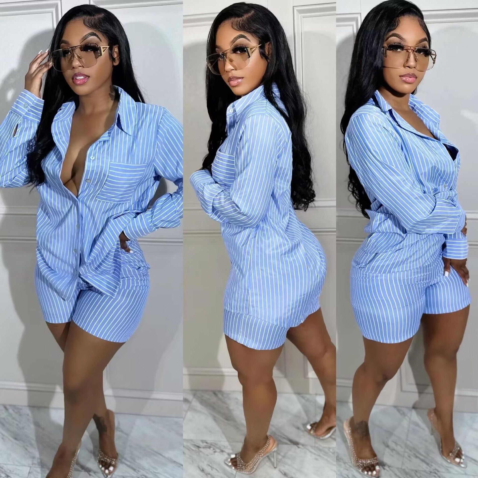 Women's Fashion Casual Stripe Patch Pocket Summer Shirt Shorts Two-Piece Set 4