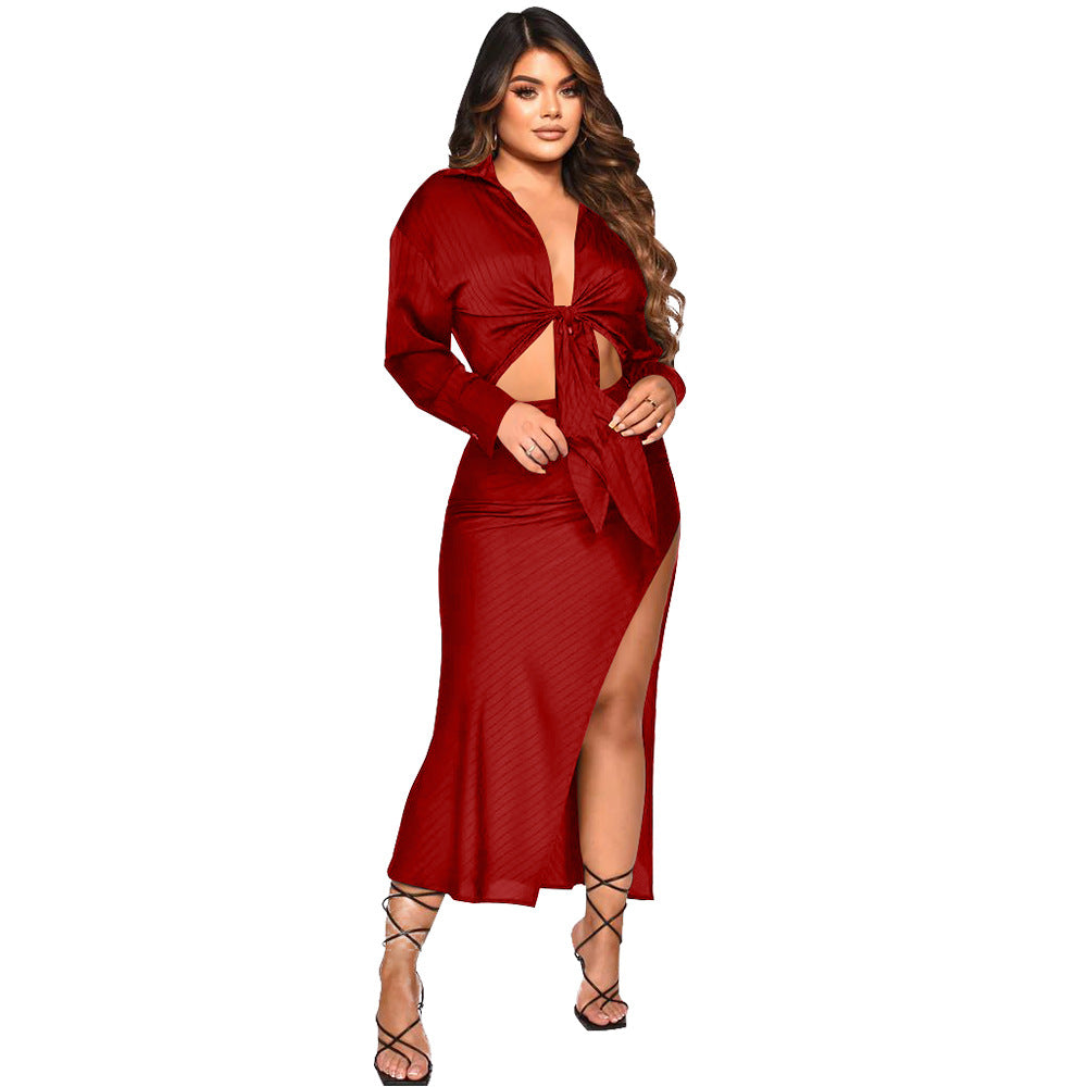 Women's Fall Ribbed Long Sleeve Slit Skirt Set 8