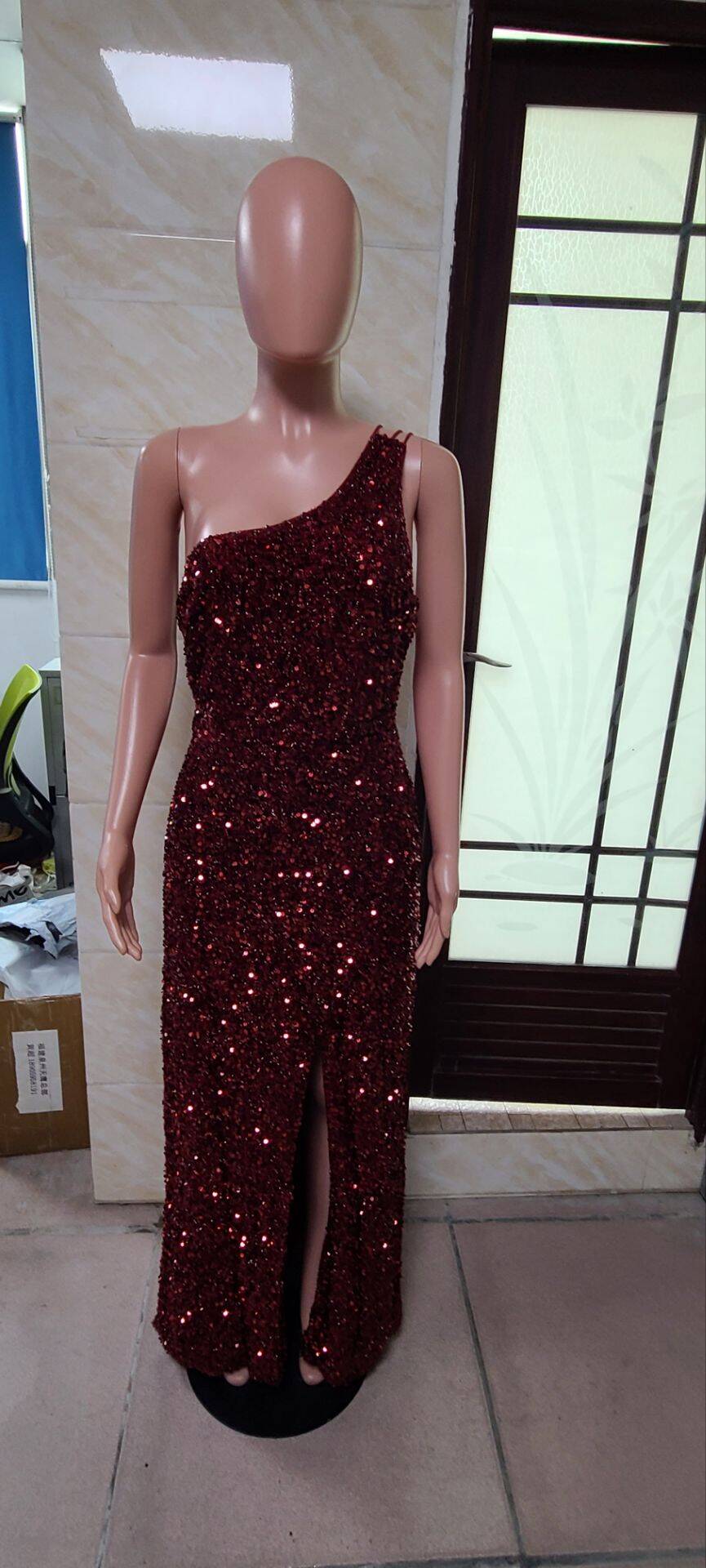 Women Summer Sexy Off Shoulder Slit Sequin Dress 15