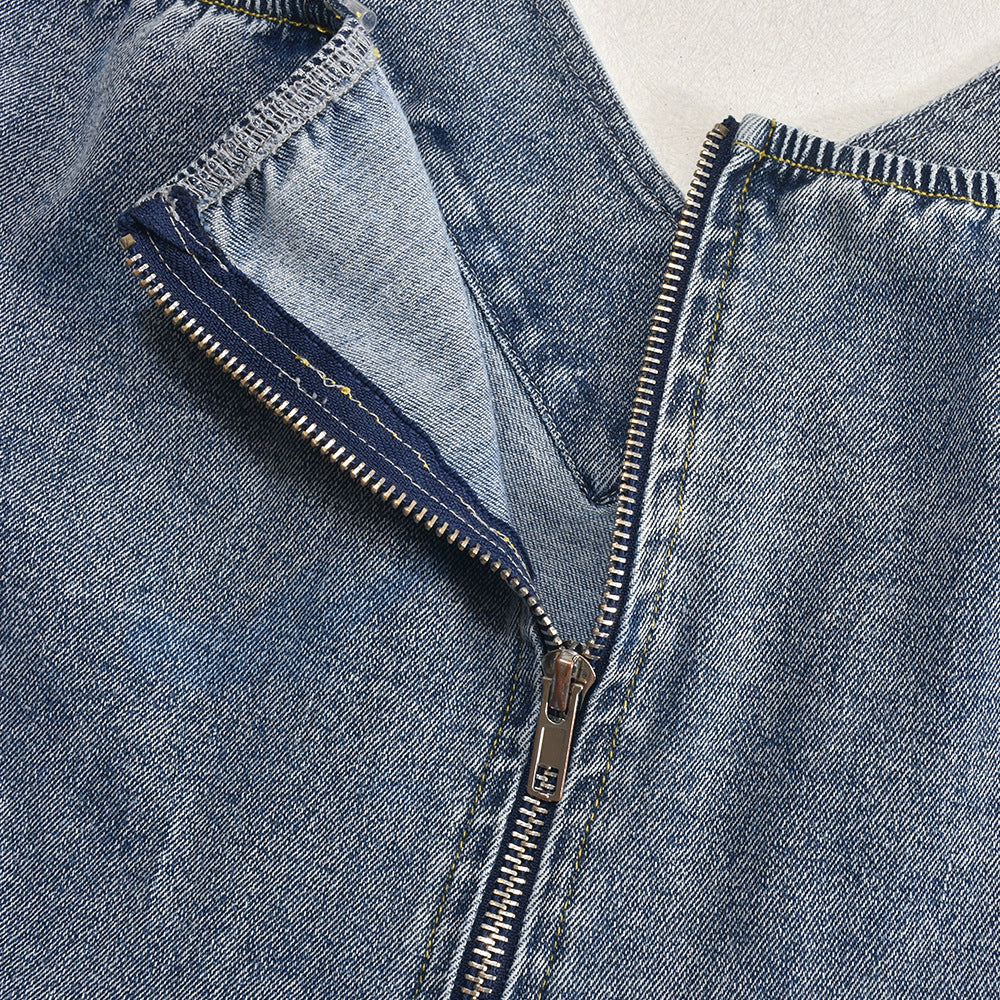 Women Stretch Denim French Pleated V-Neck Denim Dress 16