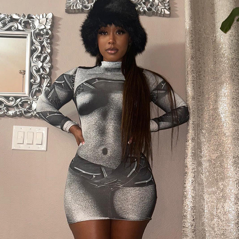 Spring Summer Women's Print High Neck Bodycon Dress 3