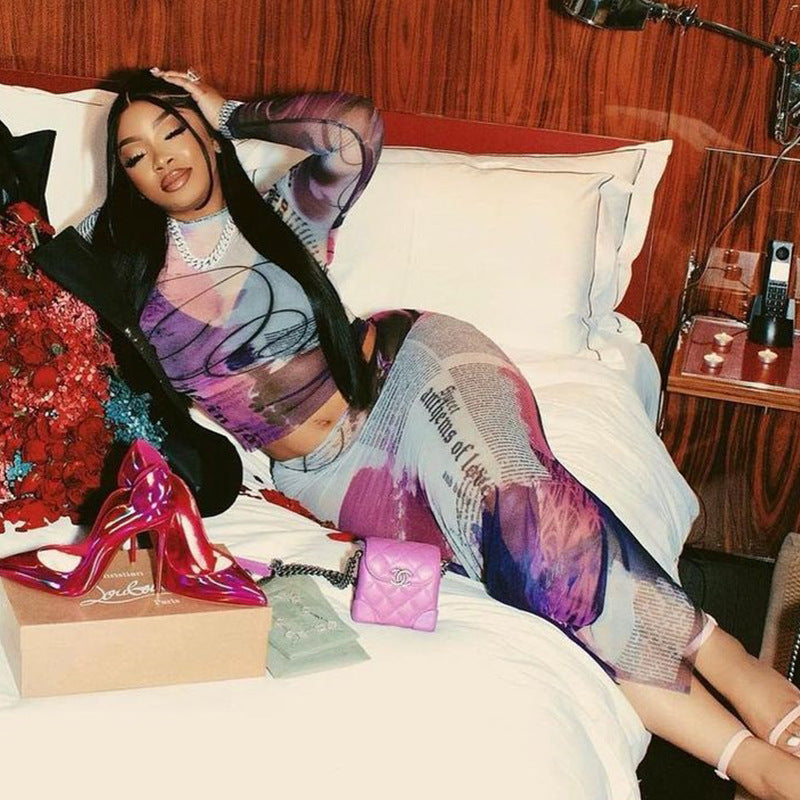 Sexy Printed  See-Through Mesh Round Neck Long Sleeve Top Slim Skirt Fashion Two Piece Women Set 5