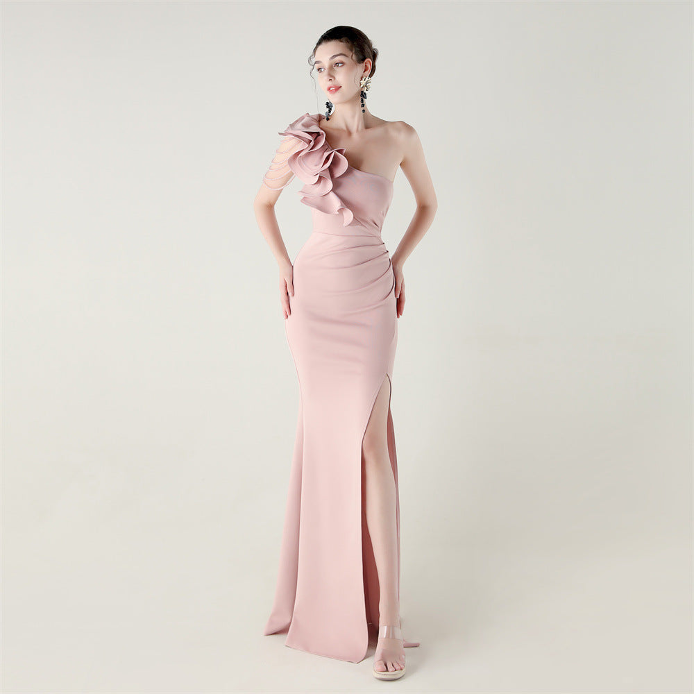 Women One-Shoulder Beaded Wool and Floral Satin Slit Sexy Evening Dress 13