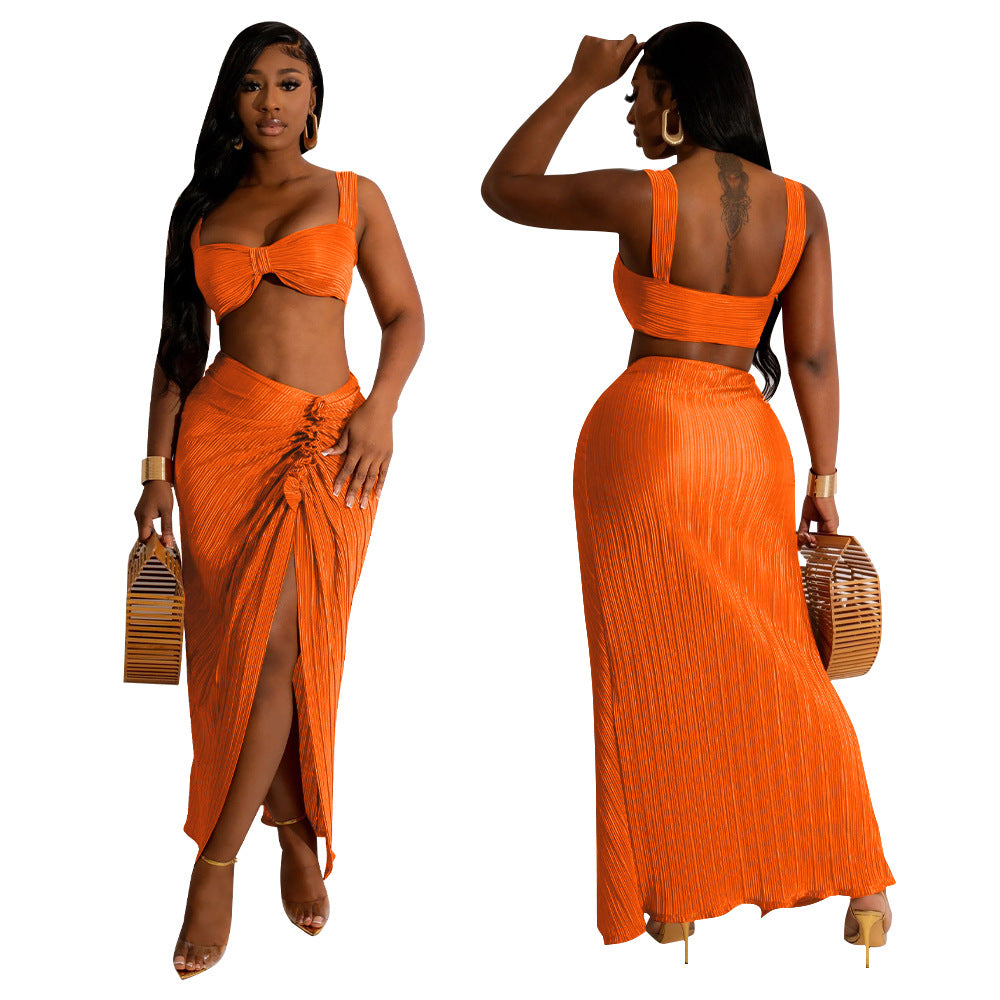 Pleated Sexy Low Back Camisole Top Split Pleated Skirt Set 5