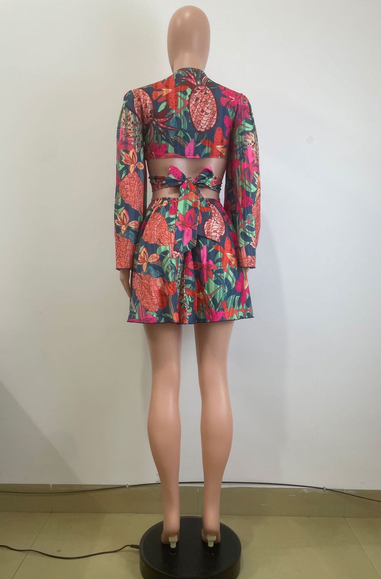 Women's Spring Summer Floral Deep V Bell Bottom Sleeve Tied Crop Top Short Skirt Two-Piece Set 11