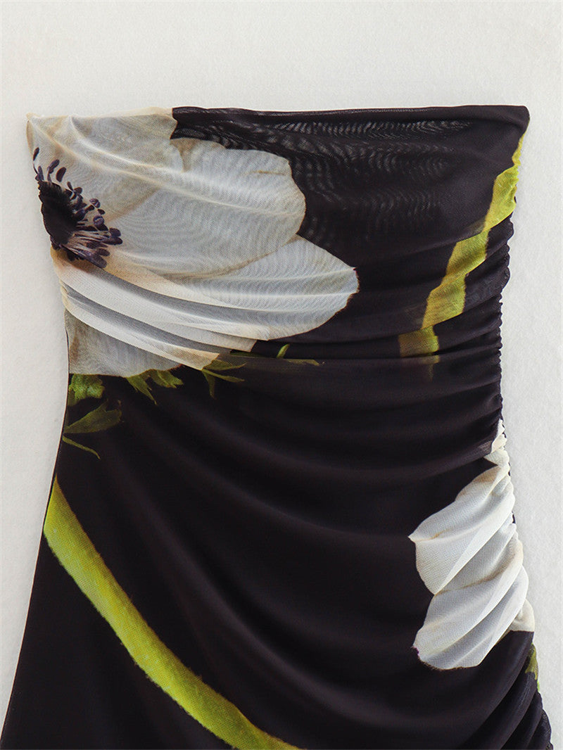 Autumn Fashion Chic Strapless Printed Tulle Midi Dress for Women 5