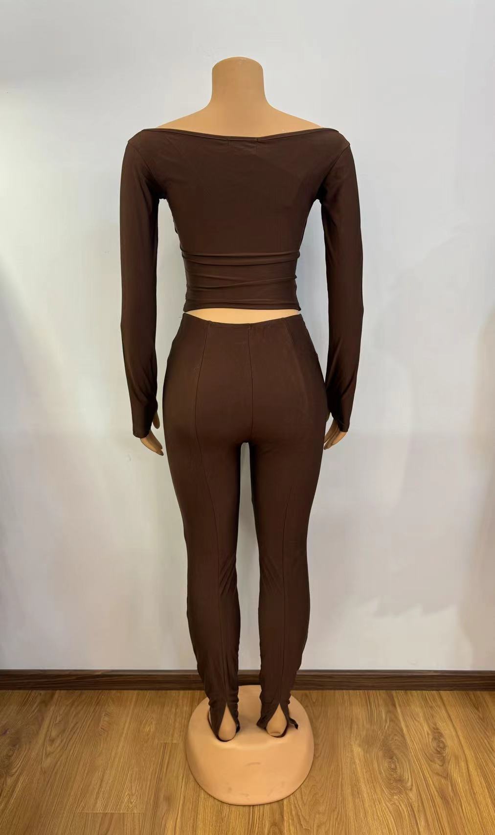 Women Solid v-neck sexy long-sleeved Top And trousers two-piece set 8