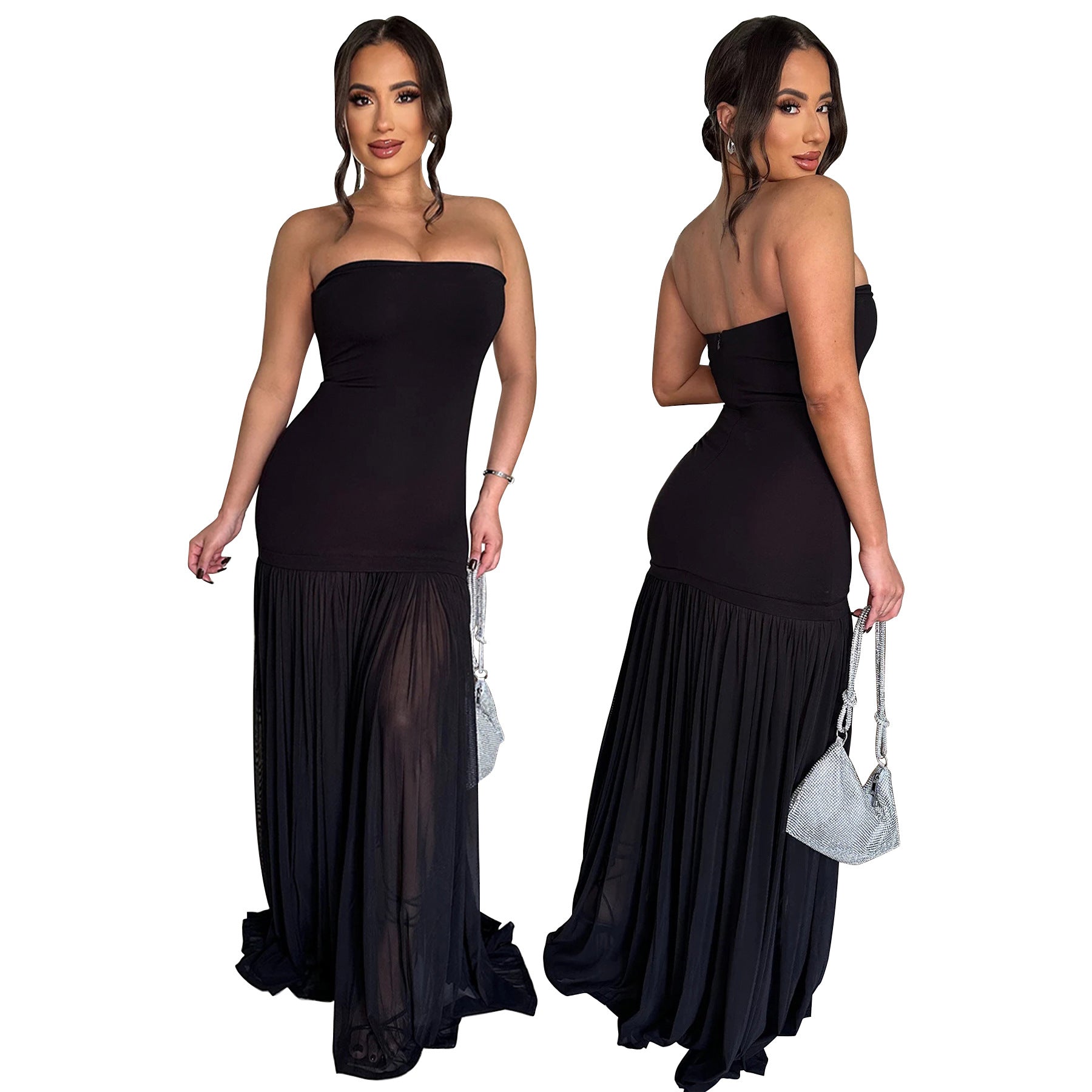 Women Sexy Backless Mesh Patchwork Solid Strapless Dress