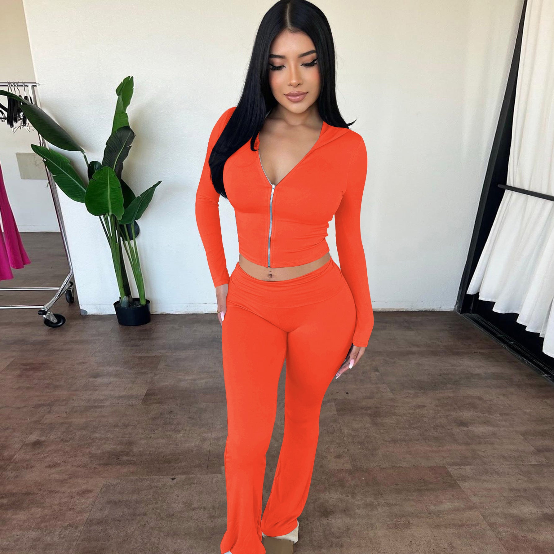 Women's autumn and winter zipper long sleeve hooded top Bell Bottom pants fashion Casual two piece set 6