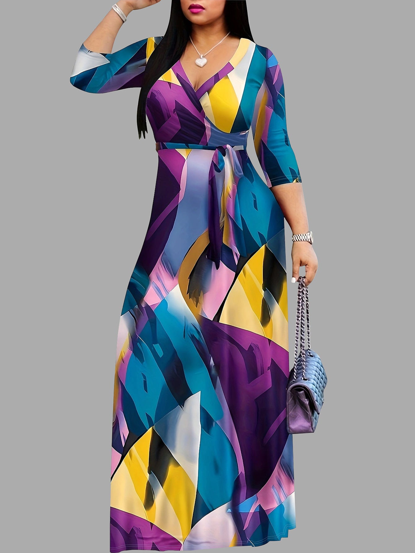 Spring & Autumn Women's Fashion Elegant Wrap V-Neck Half-Sleeve Print Belt Maxi Dress 30