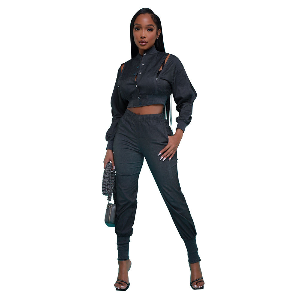 Women Style Zip Crop Coat and Pant Casual Denim Two-Piece Set 11