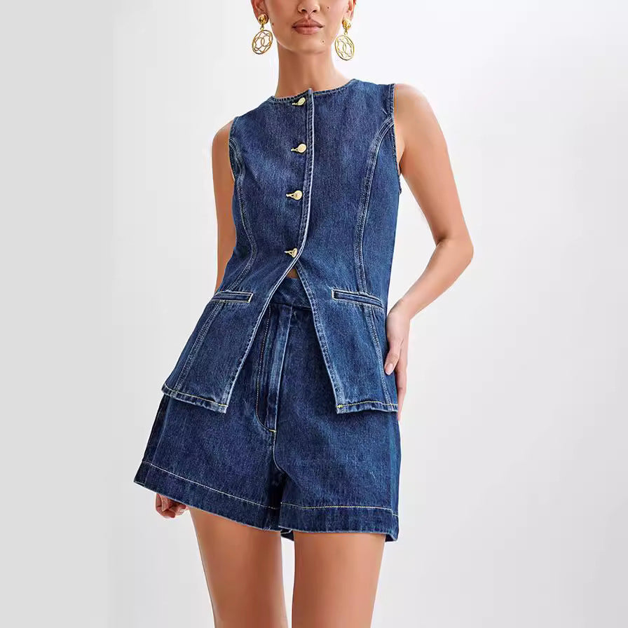 Summer Fashion Casual Sleeveless High Waist Women's Two Piece Denim Shorts Set 7