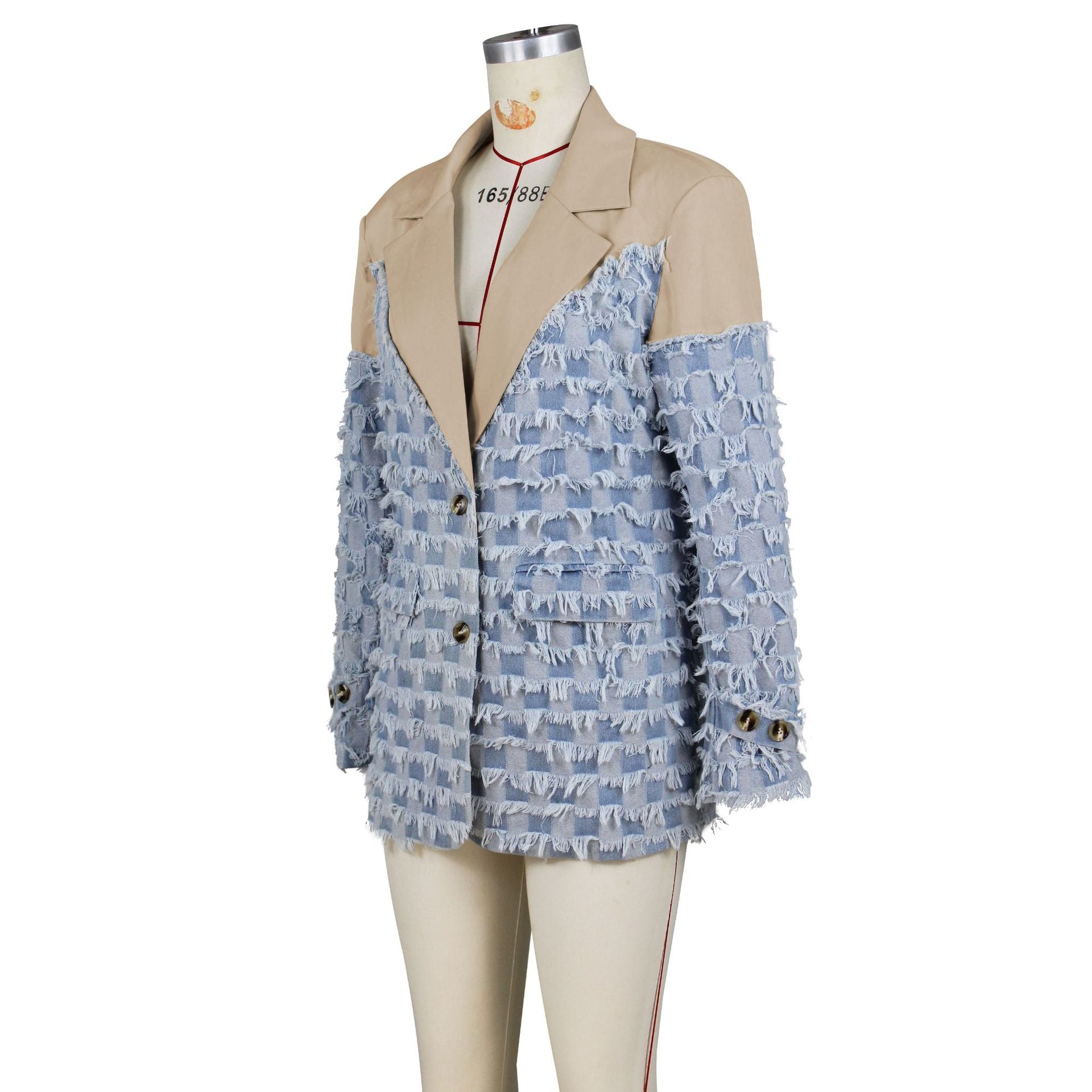 Women checkerboard jacquard contrast color Patchwork suit jacket 12