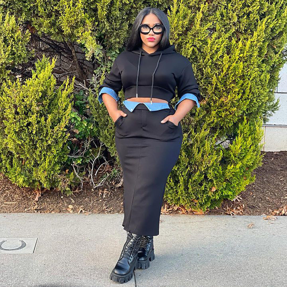 Women Winter Casual Long Sleeve Hoodies and Denim Patchwork Slit Skirt Two-piece Set 3