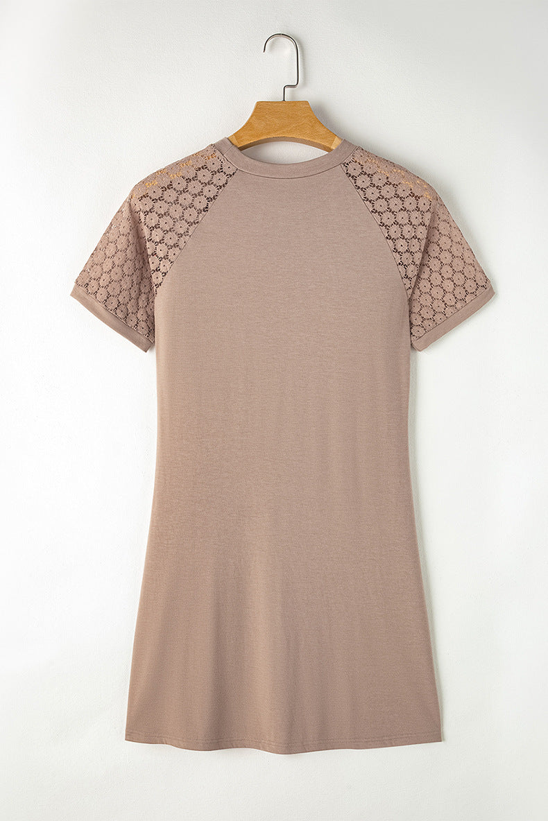 Women Spring and Summer Solid Hollow Lace Short Sleeve Round Neck Crumpled Dress 15