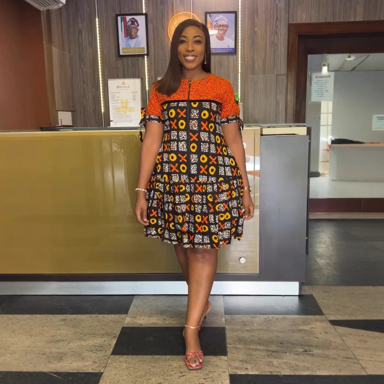 Women elegant zipper contrast color pleated Lace-Up Dress 4