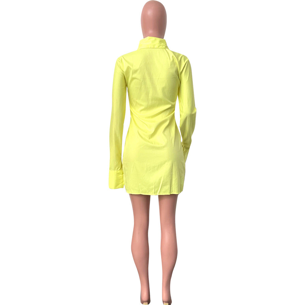 Women's Solid Color Single-Breasted Slit Long Sleeves Shirt Dress 25