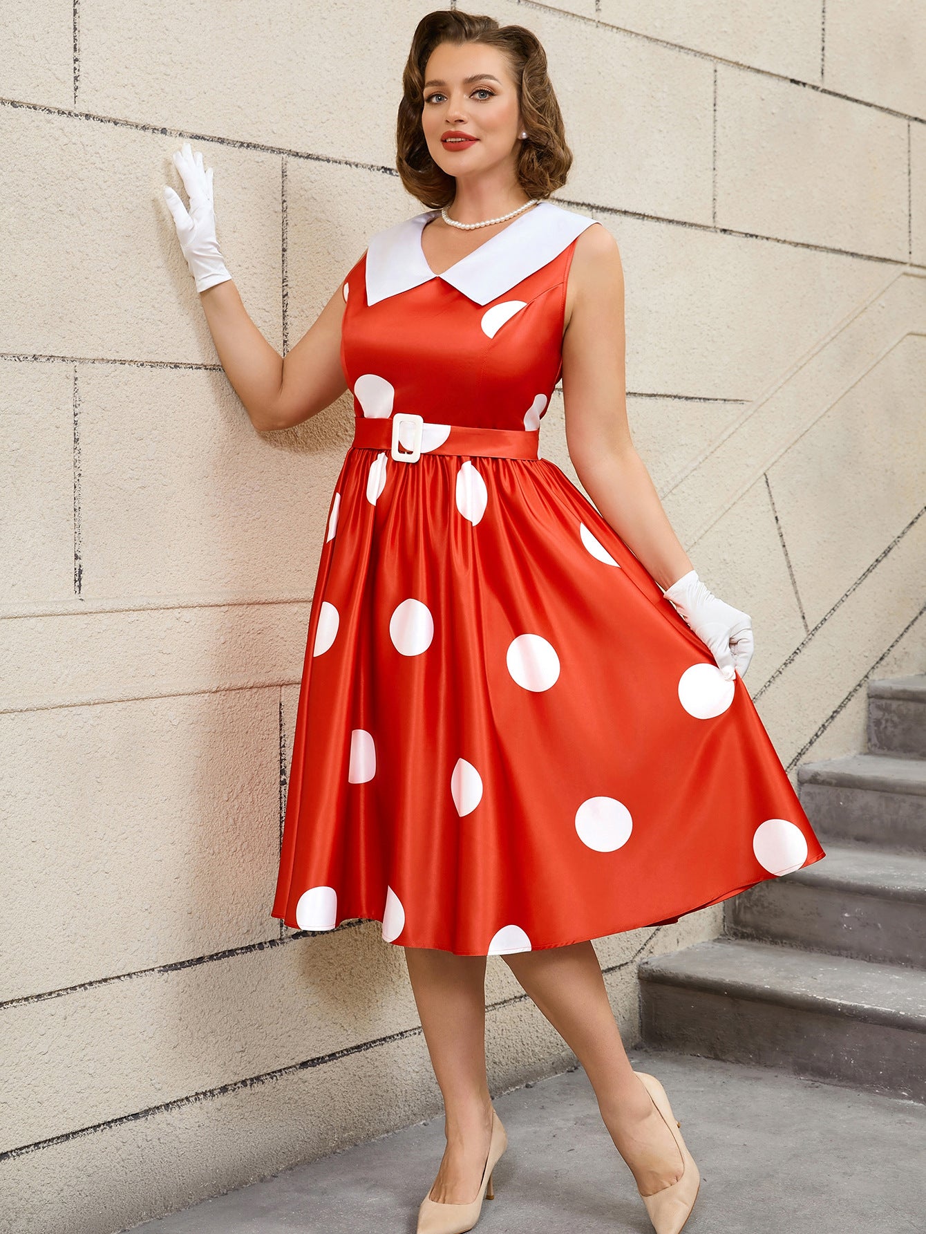 Plus Size Wedding Satin Turned-Down Collar Sleeveless Polka Dot Party A-Line Dress 9