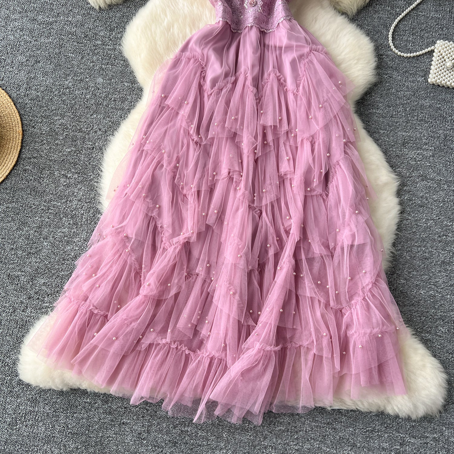 Women French Beaded Embroidered Short Sleeve Puffy Mesh Dress 12