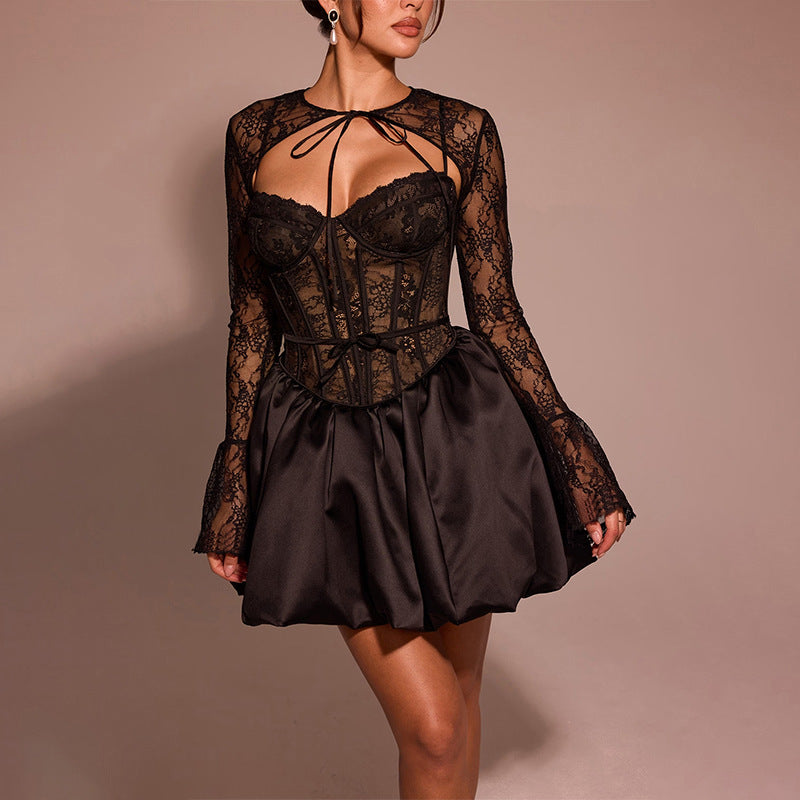 Women Autumn Sexy Lace Lace-Up Dress 4
