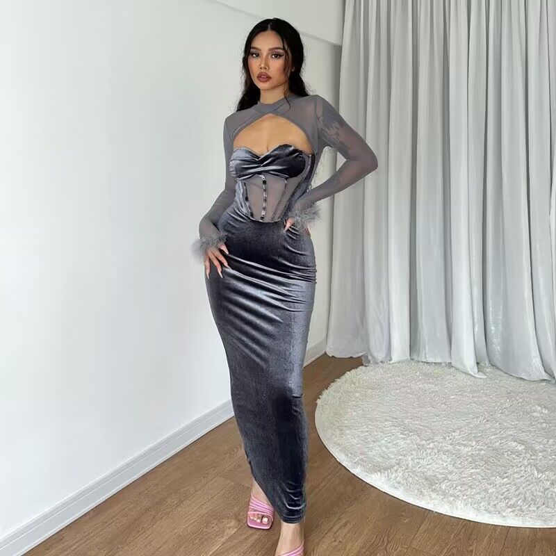 Autumn Women's Velvet Mesh Patchwork Nightclub Style Hollow Long Slim Dress 4