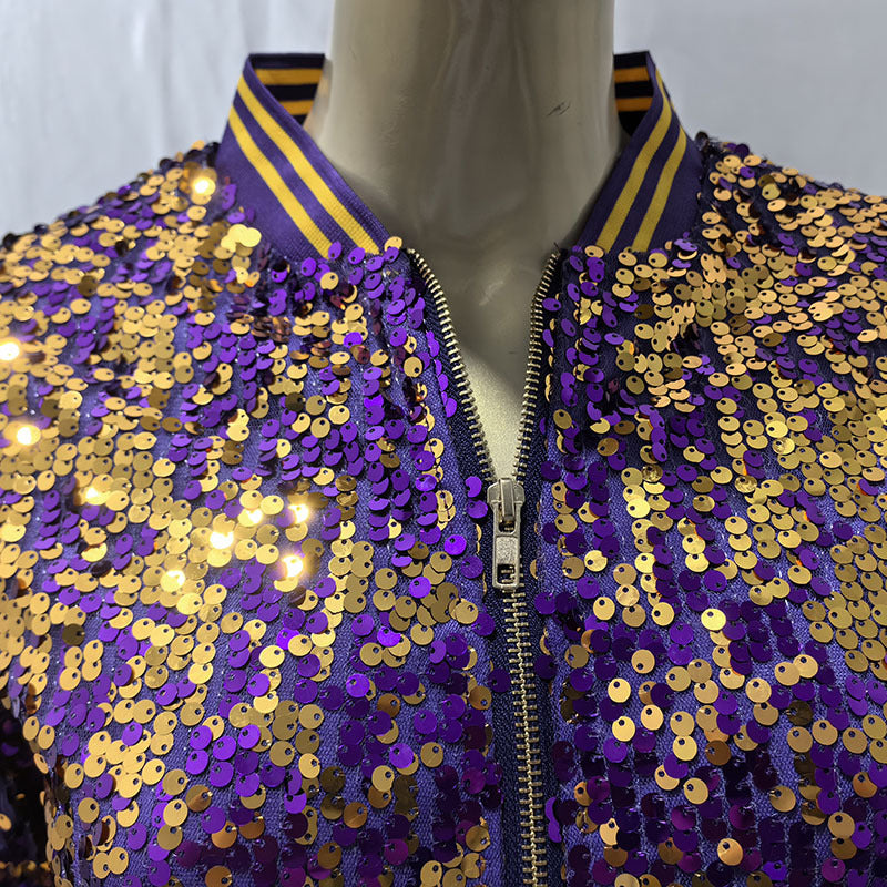 Women's Tops Fashion Color Block Sequin Style Short Zipper Jacket Coat 8