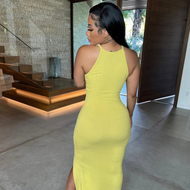 Women Summer Solid Sleeveless Round Neck Slit Bodycon Dress 5