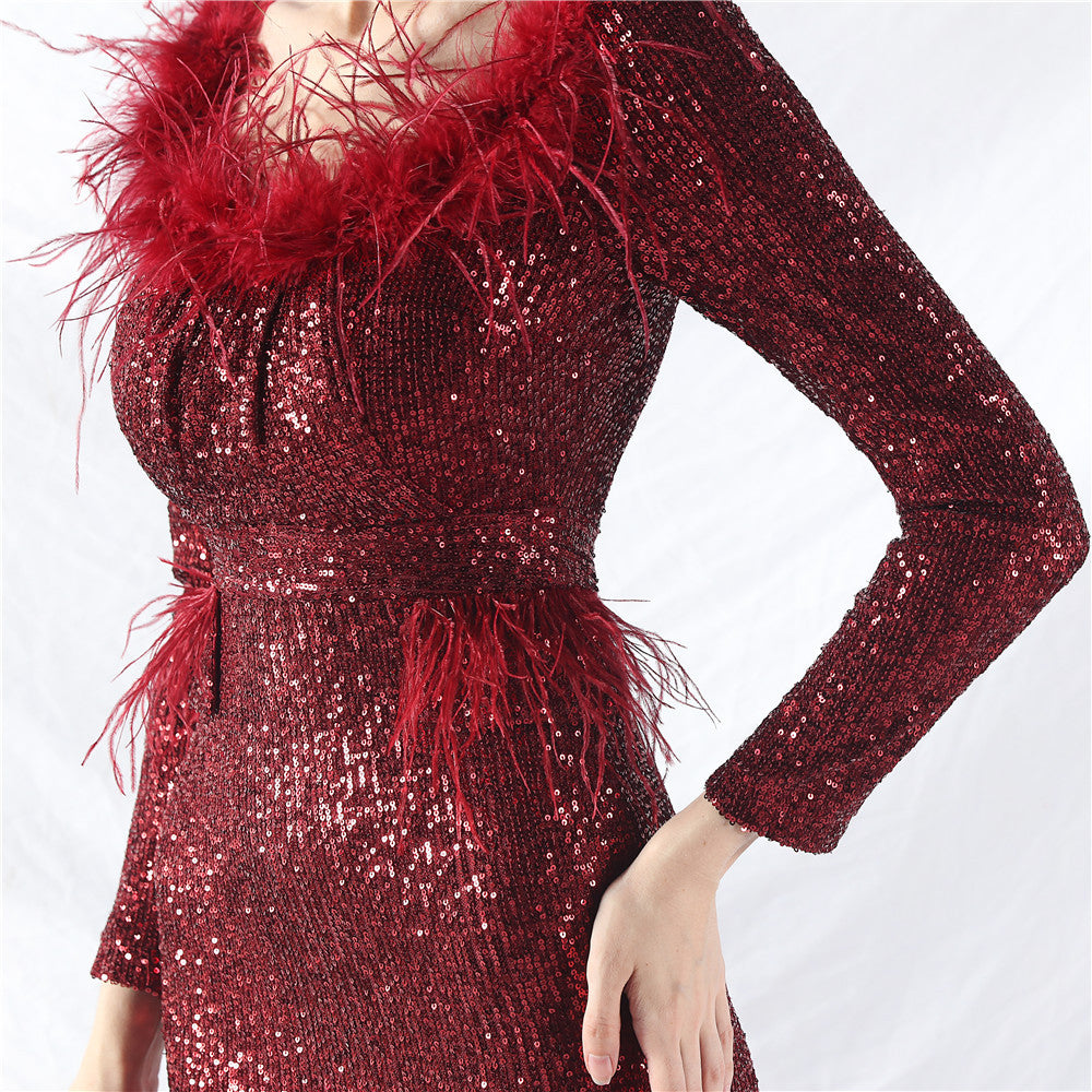 Women ostrich feather long-sleeved sequined evening dress 28