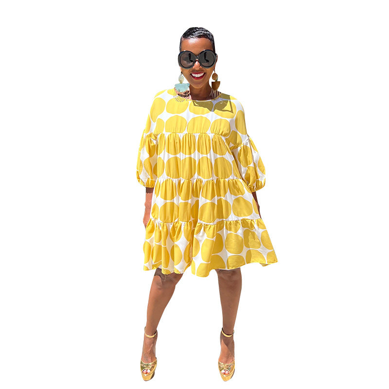 Summer Women Large Polka Dot Loose Round Neck Half-Sleeve Pleated Dress 15